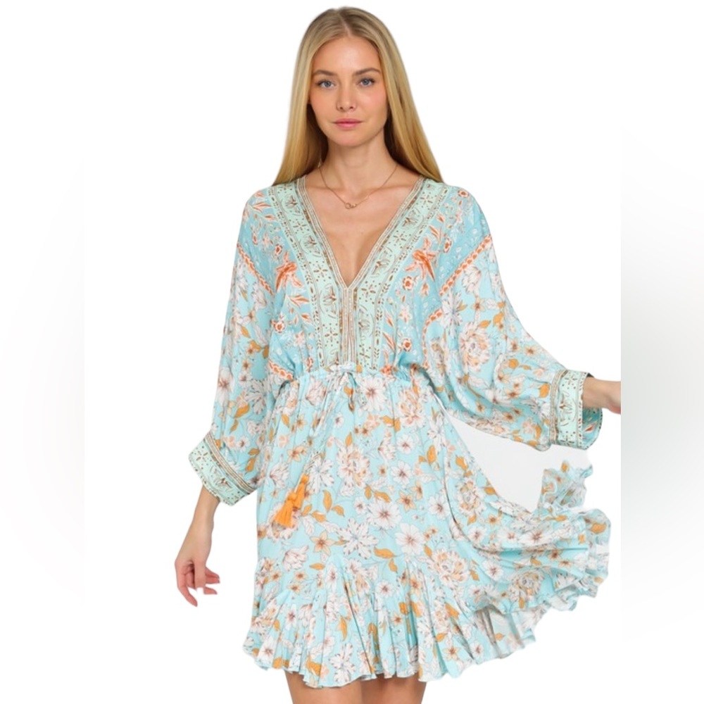 NWT Blue Kimono Sleeve Tie Back Dress Size Small to XL see measurements